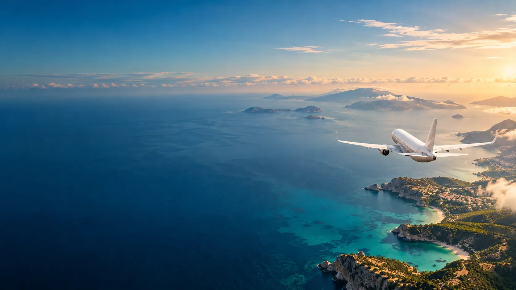 Passenger aircraft above a sunlit coastline